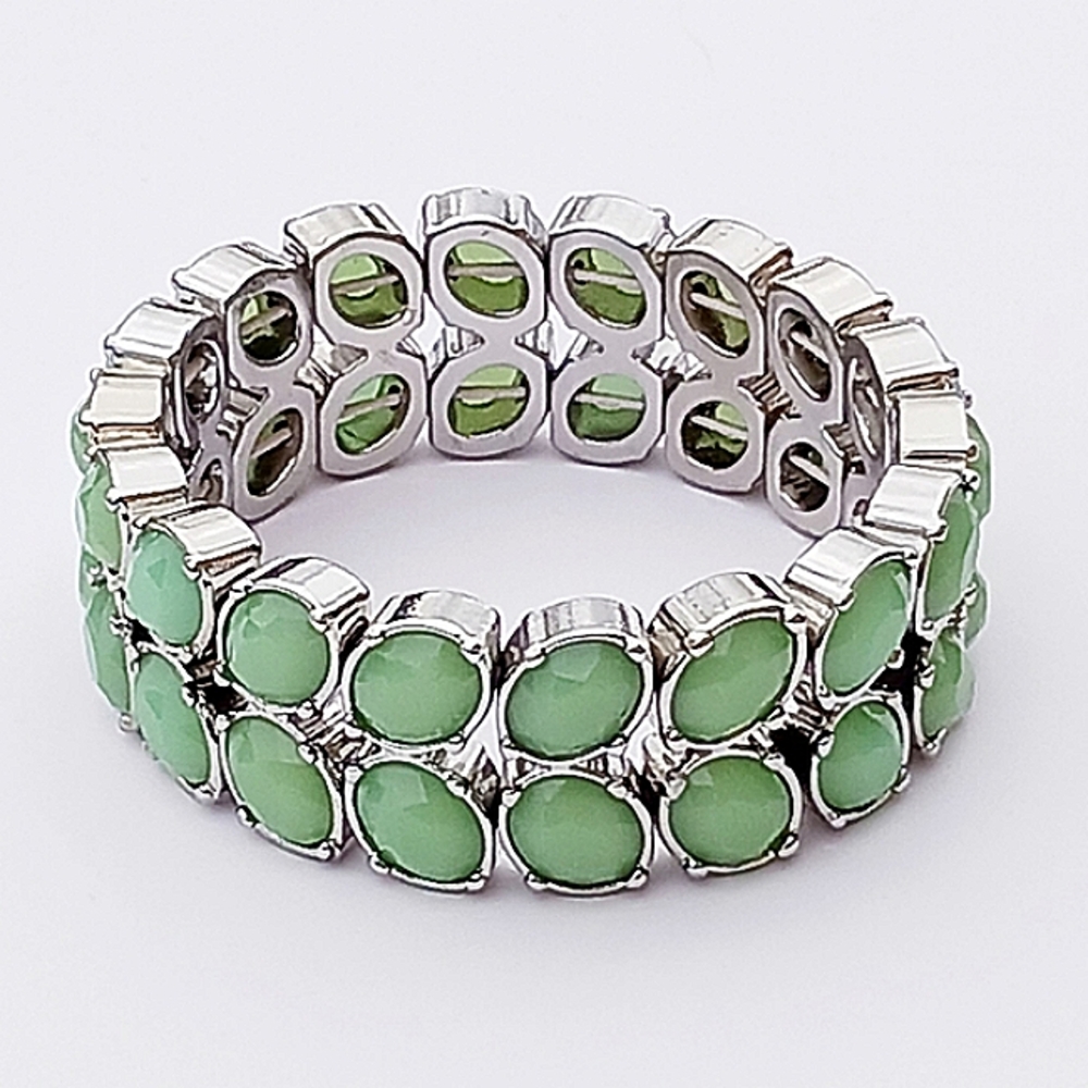 GREEN SILVERTONE BRACELET stretch stacked faceted faux costume formal pr…